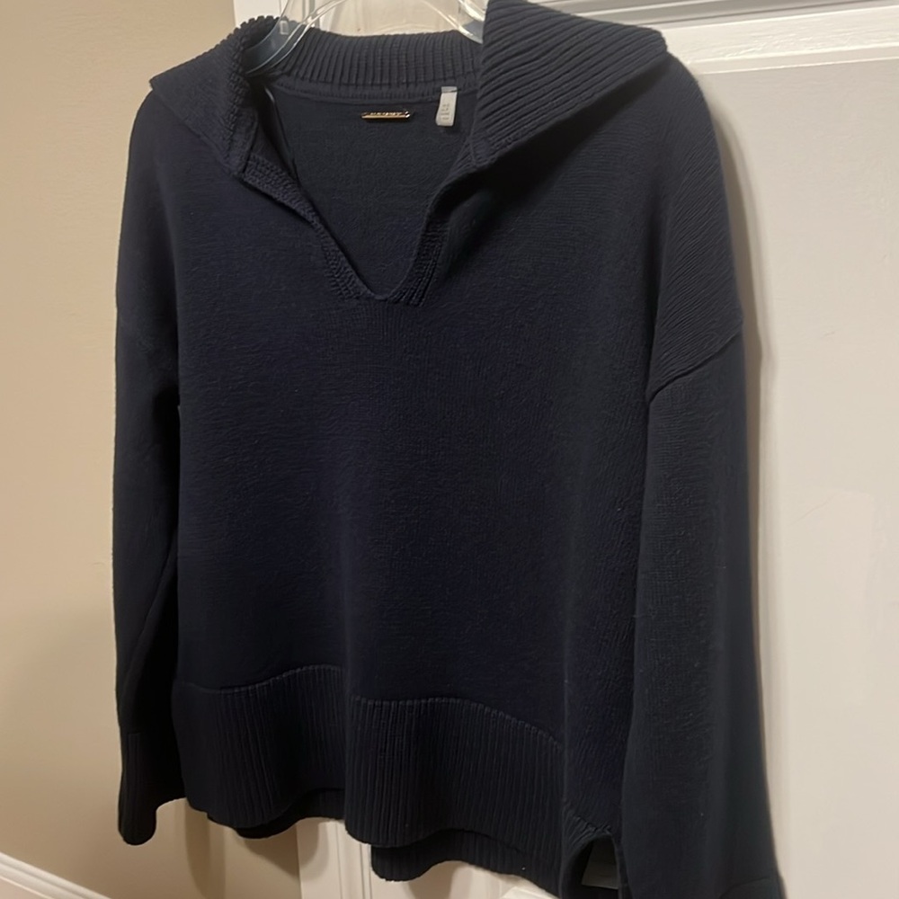 ELIE TAHARI WOMENS SIZE SMALL SWEATER COTTON DARK NAVY BLUE SAILOR COLLAR V NECK